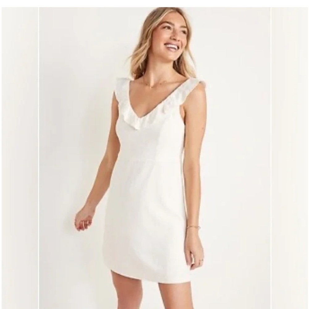 ⭐️ NEW Old Navy Small Petite Linen Blend Ruffled Cream Textured Dress